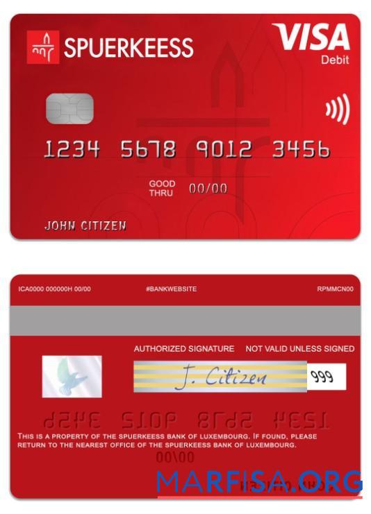Downloadable Luxembourg The Spuerkeess Bank visa debit card real example